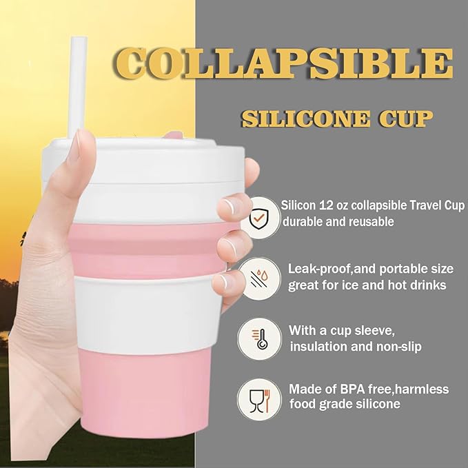 12 OZ Collapsible Travel Cup with Lid, Silicone Foldable Drinking Cup for Camping Hiking,Portable Silicone Water Bottle for Hot and Cold Beverages with Straw- Pink & White