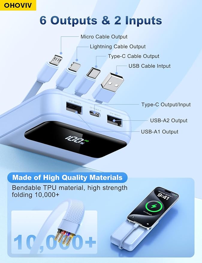 OHOVIV Portable Charger Power Bank 50000mAh Battery Pack, 22.5W Fast Charging PowerBank with Built in Cables,Travel Essential USB-C Portable Phone Charger for iPhone Samsung Pixel Android iPad-Blue