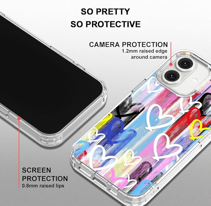 MOSNOVO for iPhone 16 Case, Shockproof Military-Grade Protection 6.6ft Drop Tested, Clear Phone Case for iPhone 16, Graffiti Hearts Design