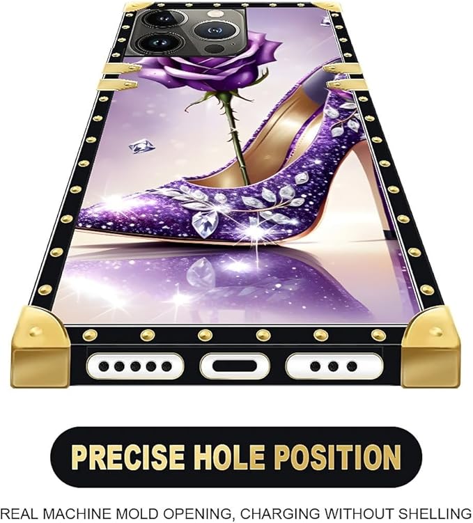 Compatible with iPhone 13 Pro Max Case, High Heeled Purple Diamond Rose Luxury Golden Decoration for Girl Women Soft TPU Shockproof Protective Hard PC Back for iPhone 13 Pro Max