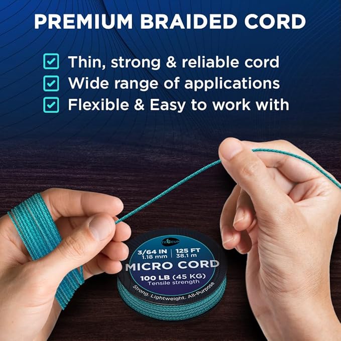 TECEUM Micro Paracord – 1.18 mm X 125 ft – Micro Utility Cord – Thin Braided Paracord Rope – Best for Crafting, DIY Projects, Fishing, Camping – Wind Chime Replacement – Survival Strong String