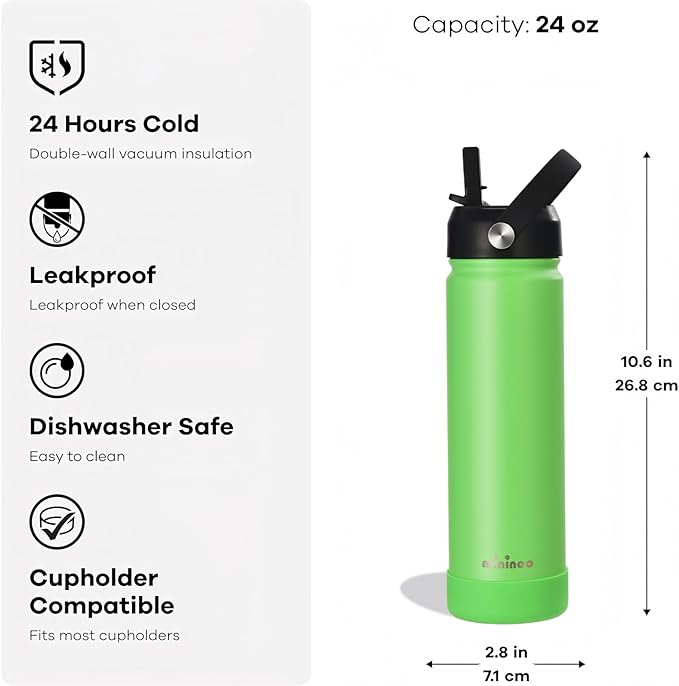 Insulated Stainless Steel Water Bottle with Straw, Ceramic-Lined, BPA-Free & Leak-Proof, 24 oz, Canopy Green