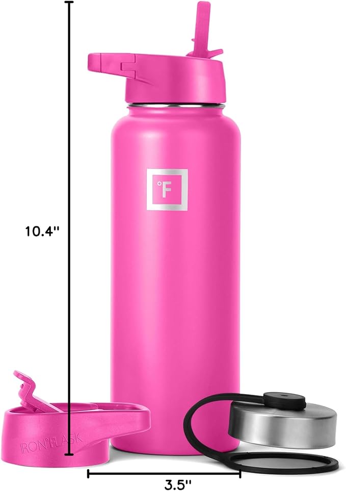 IRON °FLASK Camping & Hiking Hydration Flask with Straw, Wide Mouth Insulated Stainless Steel Sports Water Bottle - 40 oz Pink Tulip