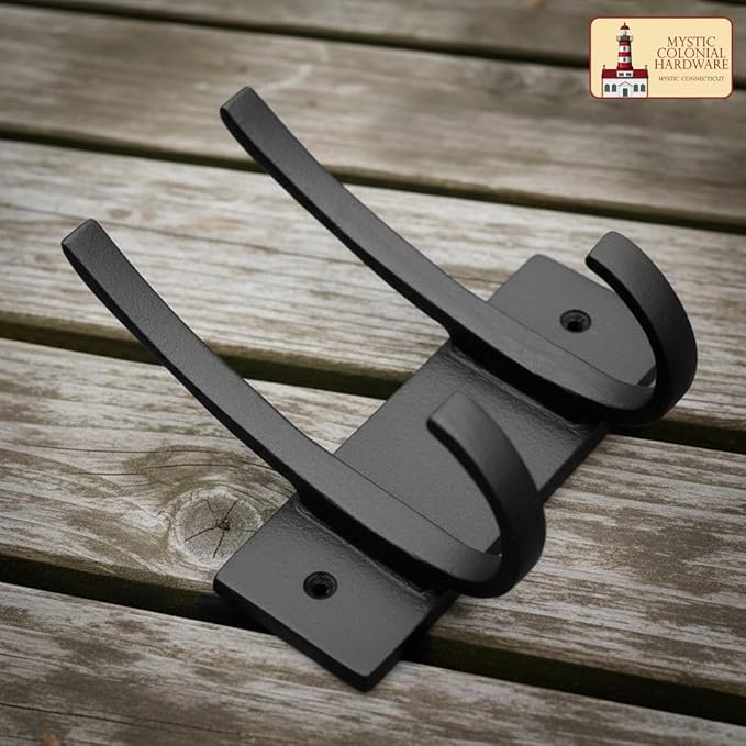 Mystic Colonial Medieval Hand-Forged Iron Double Wall Hook � 1 Pc | (5 in) Heavy Duty Rustic Black Coat & Hat Hanger | Vintage Decorative Hook for Coats, Towels, Bags, Keys & Home D�cor