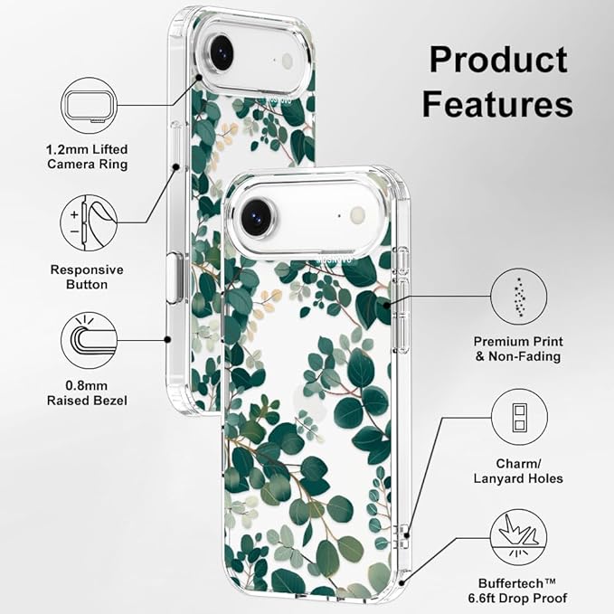 MOSNOVO for iPhone Air Case | Military Grade 6.6ft Drop Tested | Camera Control | Clear with Eucalyptus Design