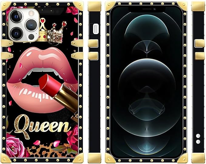 Compatible with iPhone 12 Case, Glitter Red Rose Queen Leopard Lipstick Luxury Golden Decoration for Girl Women Soft TPU Shockproof Protective Hard PC Back for iPhone 12 Pro