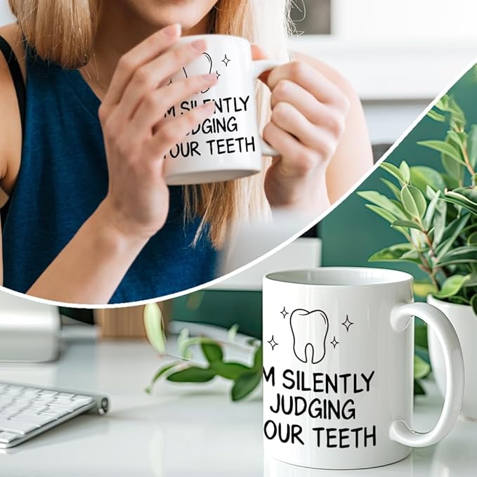 RZHV I'M Silently Judging Your Teeth Funny Coffee Mug, Thank You Birthday Gifts for Dentists Nurses Dental Assistants Hygienists, Graduation New Job Promotion Gifts for Dental Students Coworker Friend