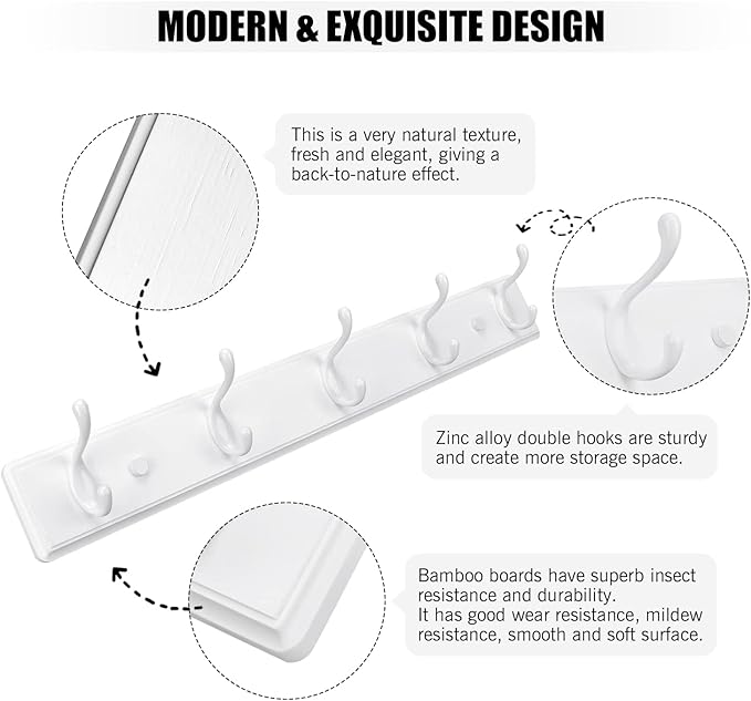 Badiano Wooden Coat Rack, Wall-Mounted Organizer for Closet, Entryway, Hallway, Foyer, Bedroom, Heavy Duty Double Hooks for Hanging Towels, Bags, Hats, Jackets, Key (White, 5 Hooks)
