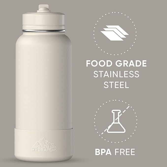 Hydrapeak 32oz Sport Insulated Water Bottle with Straw & Chug Lid, Leak & Spill Proof, Keeps Drinks Cold for 24 Hours, Hot for 12 Hours, Premium Stainless Steel Water Bottles (32oz, Stone)