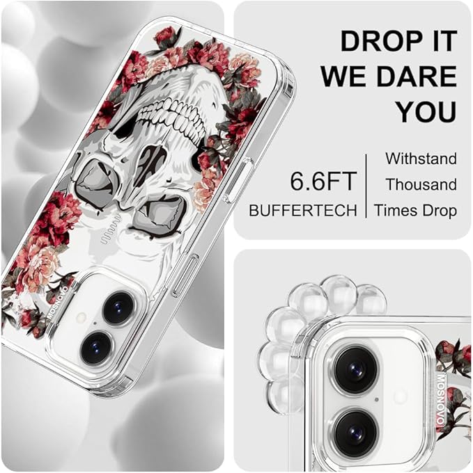 MOSNOVO for iPhone 17 Case | Military Grade 6.6ft Drop Tested | Camera Control | Clear with Red Flower Skull Design