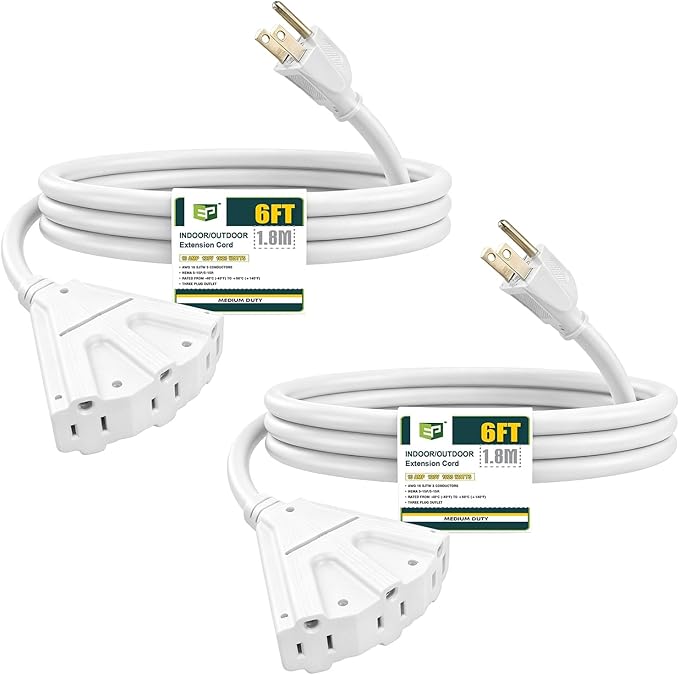 EP 2 Pack 6 Ft Outdoor Extension Cord with 3 Electrical Power Outlets - 16/3 SJTW White Cable with 3 Prong Grounded Plug for Safety Great for Christmas Lights, Garden and Major Appliances