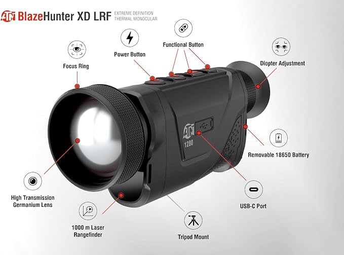 ATN BlazeHunter XD 1280x1024 Thermal Monocular w/SharpIR AI, 1000m Laser Rangefinder, 1920x1080 OLED, Wi-Fi, 32GB, IP67