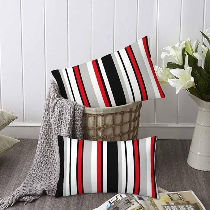 Vertical Lines Striped Pillow Covers 12 X 20 Black White Grey Red Watercolor Set of 2 Pillow Cases Velvet Outdoor Throw Cushion Pillowcases Decorative for Home Bed Sofa Couch Hotel