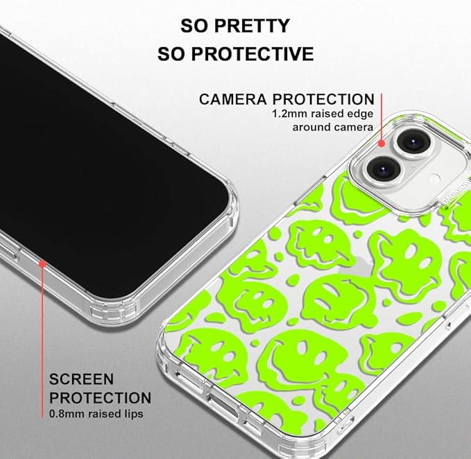 MOSNOVO Case for iPhone 16 Plus, [Buffertech 6.6ft Military-Grade Drop Protection] [Anti Peel Off Tech] Clear TPU Bumper Phone Case Cover Design - Distorted Green Smiles Face