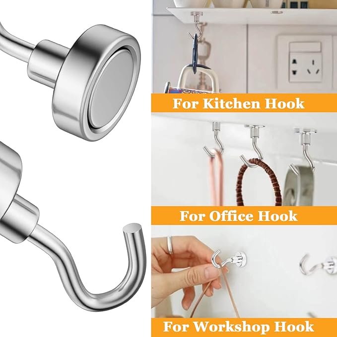 MIN CI Magnetic Hooks Heavy Duty, 35lb+ Strong Magnetic Wall Hooks for Hanging, Neodymium Metal Magnets with Hooks Large Magnetic Hooks, for Classroom Cruise Fridge Kitchen, Pack of 12