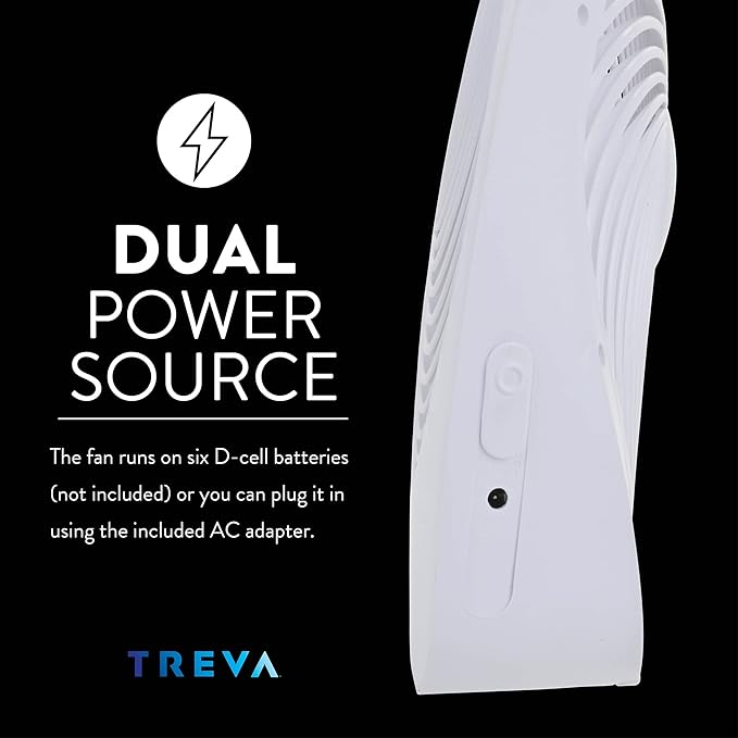 Treva 10-Inch Portable Fan, Powered by Battery and/or AC Adapter - Desk Fan Air Circulating with 2 Cooling Speeds for Personal and Travel Use (White)