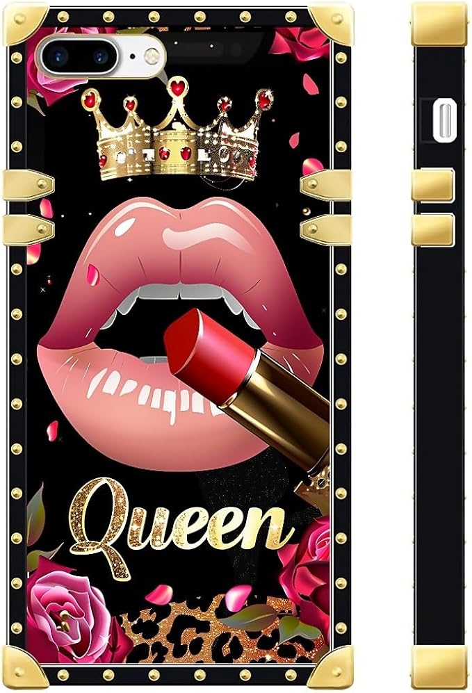 Compatible with iPhone 8 7 SE Case, Glitter Red Rose Queen Leopard Lipstick Luxury Golden Decoration for Girl Women Soft TPU Shockproof Protective Hard PC Back for iPhone 8 7 SE