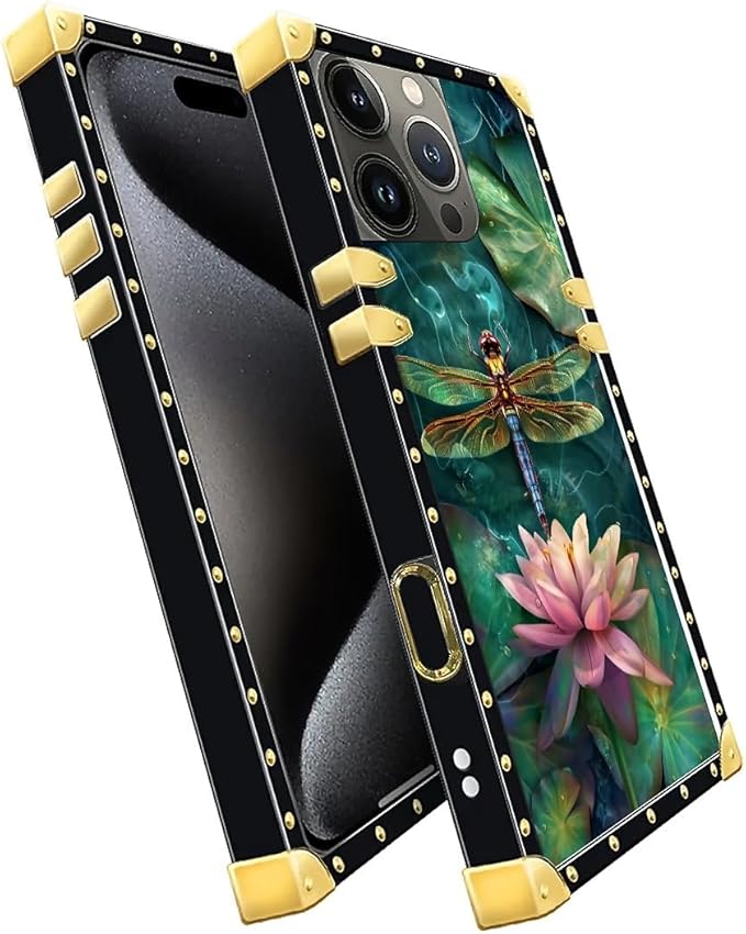 Compatible with iPhone 16 Pro Case, Colourful Dragonfly Pink Lily Pads Luxury Golden Decoration for Girl Women Soft TPU Shockproof Protective Hard PC Back