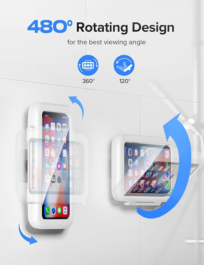 LC-dolida Shower Phone Holder Waterproof, 480° Rotatable Adjustable Bathroom Wall Phone Mount Stand, Anti-Fog High Sensitivity iPhone Case, Anti Fog Case Bathroom Accessories for 4-7'' Cellphones