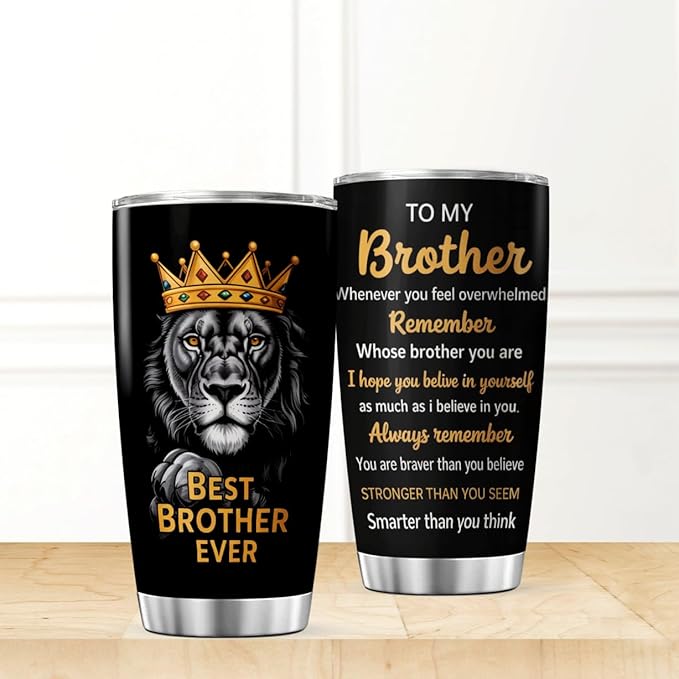 CUBICER Best Brother Ever Lion Design Stainless Steel Tumbler 20 Oz Inspirational Gift For Men Birthday Christmas Bottle Hot Heat Outdoor Iced Insulated Cool Coffee Tea Drink Mug Travel