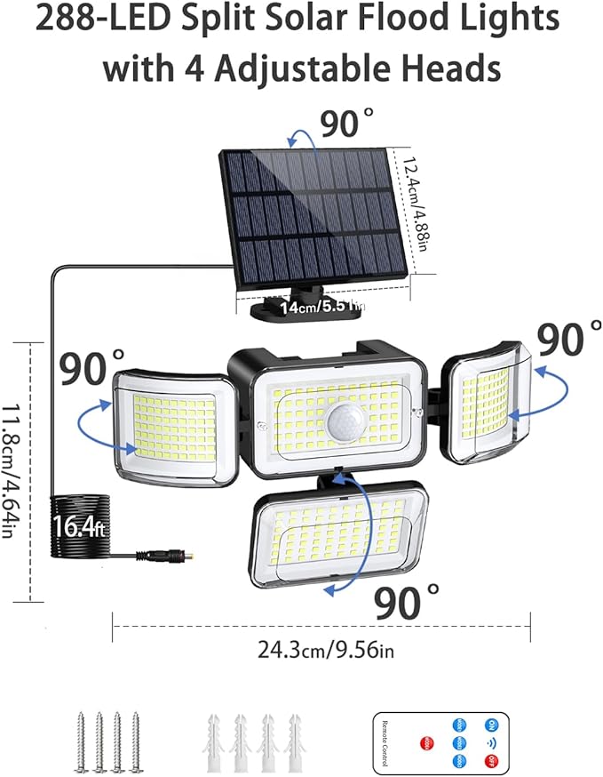 CLAONER Solar Outdoor Lights Motion Sensor 3500LM 288 LED Solar Security Lights with Remote Control IP67 Waterproof 4 Heads Solar Flood Lights with 16.4ft Cable 4 Modes Wall Lights(2 Pack)
