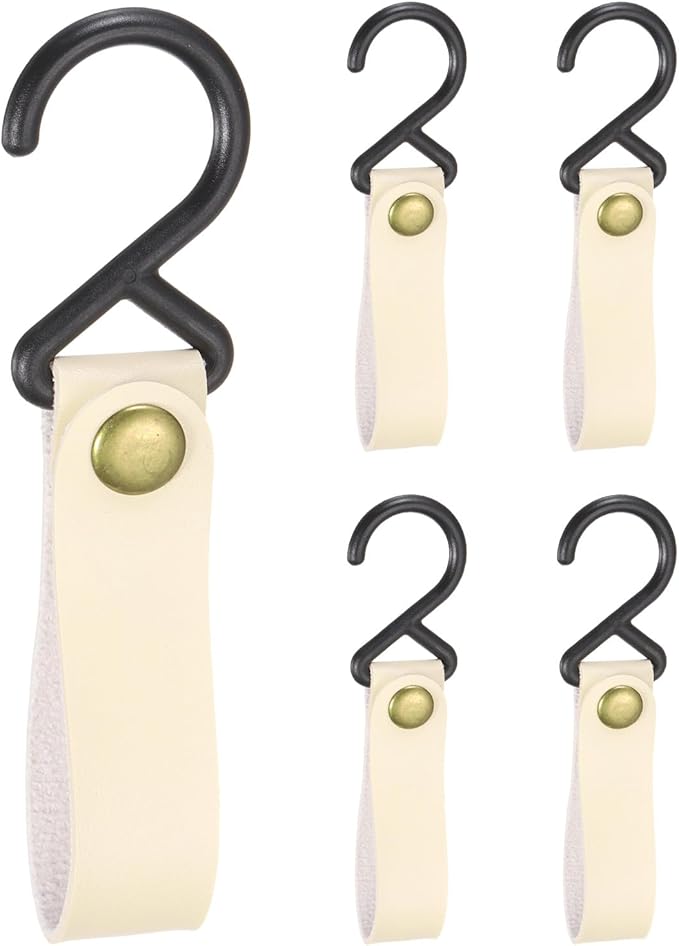 uxcell 5pcs PU Leather Hooks, Leather Straps with Hooks, S-Shape Hooks for Outdoor Camping Hanging Pots Pans Utensils Beige
