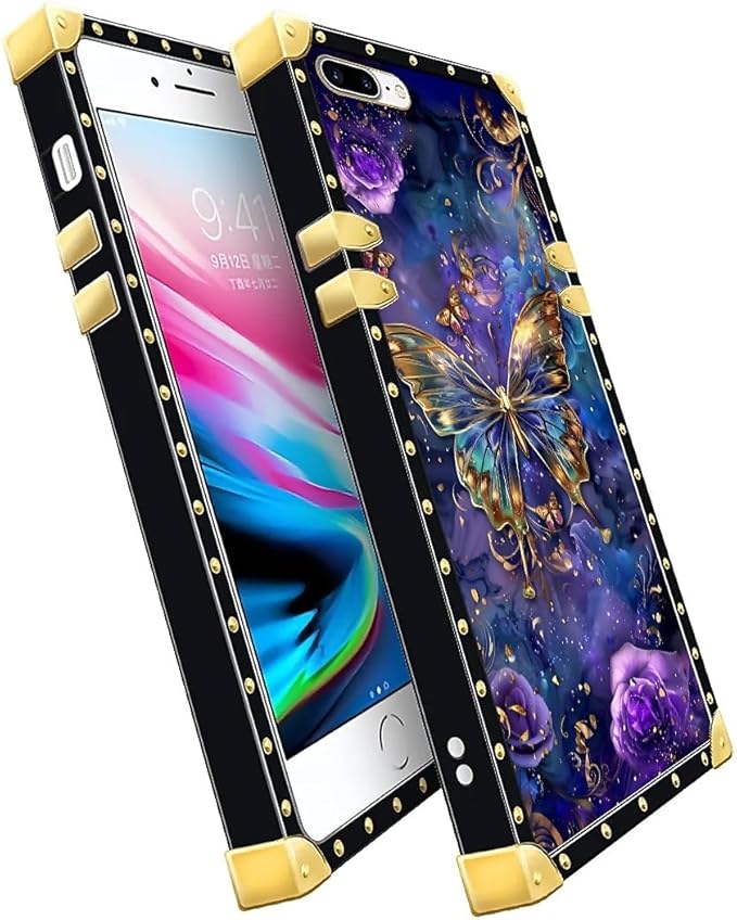 Compatible with iPhone 8 Plus 7 Plus Case, Glistening Golden Butterfly Vibrant Purple Blue Luxury Golden Decoration for Girl Women Soft TPU Shockproof Protective Hard PC Back