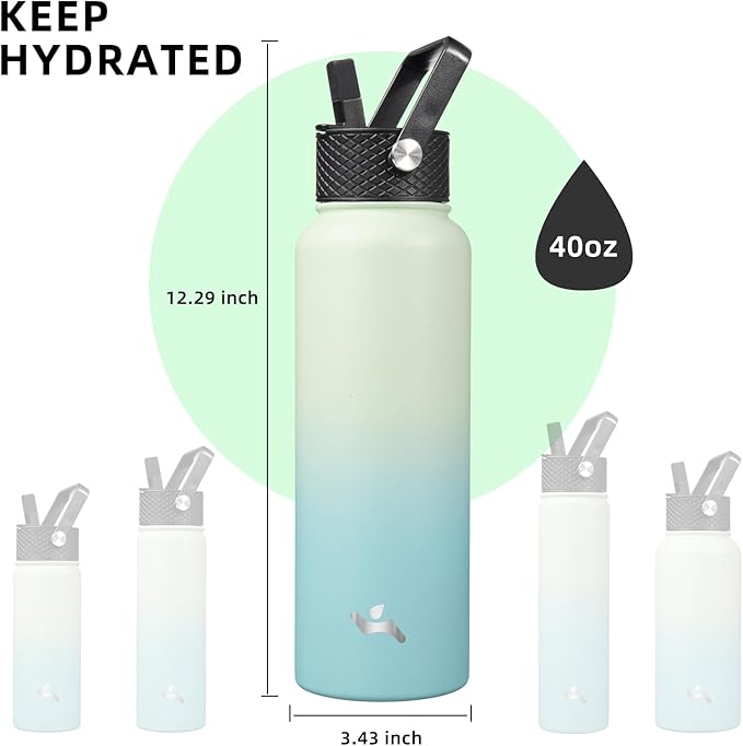 Konokyo 40oz Insulated Water Bottle Stainless Steel Sport Bottles with 3 Lids,Mint