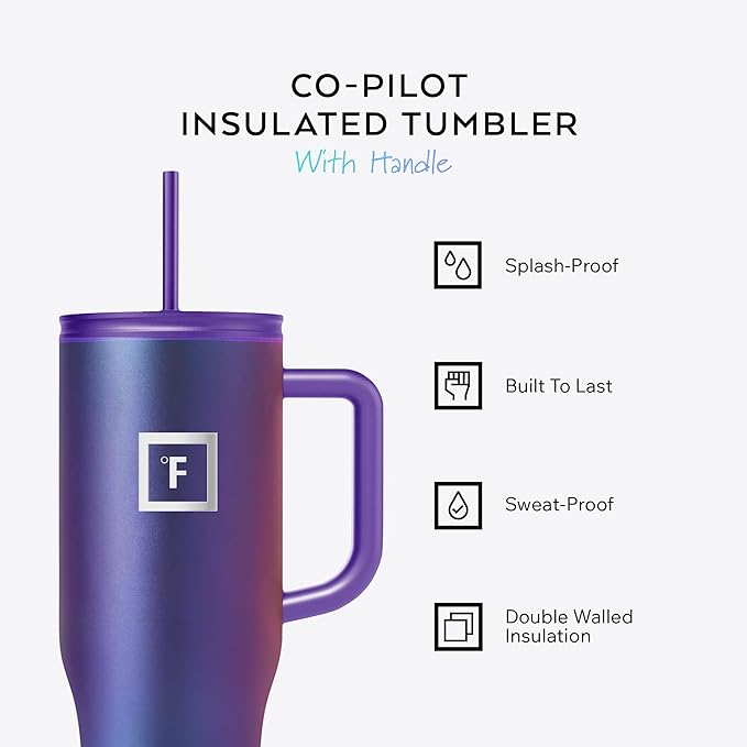 IRON °FLASK Co-Pilot Insulated Mug w/Straw & Flip Cap Lids - Cup Holder Bottle for Hot, Cold Drink - Leak-Proof - Water, Coffee Portable Travel Mug - Burgundy, 40 Oz