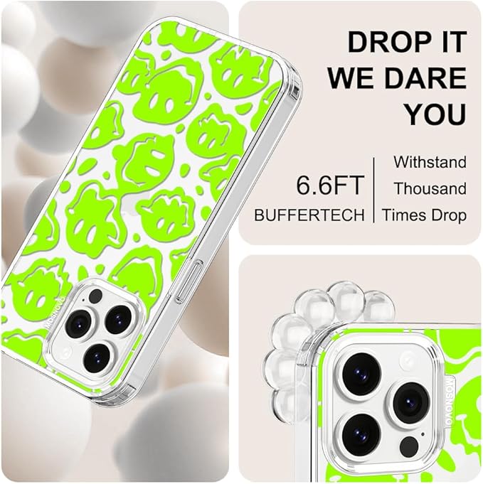MOSNOVO Case for iPhone 13 Pro Max, [Buffertech 6.6ft Military-Grade Drop Protection] [Anti Peel Off Tech] Clear TPU Bumper Phone Case Cover Design - Distorted Green Smiles Face