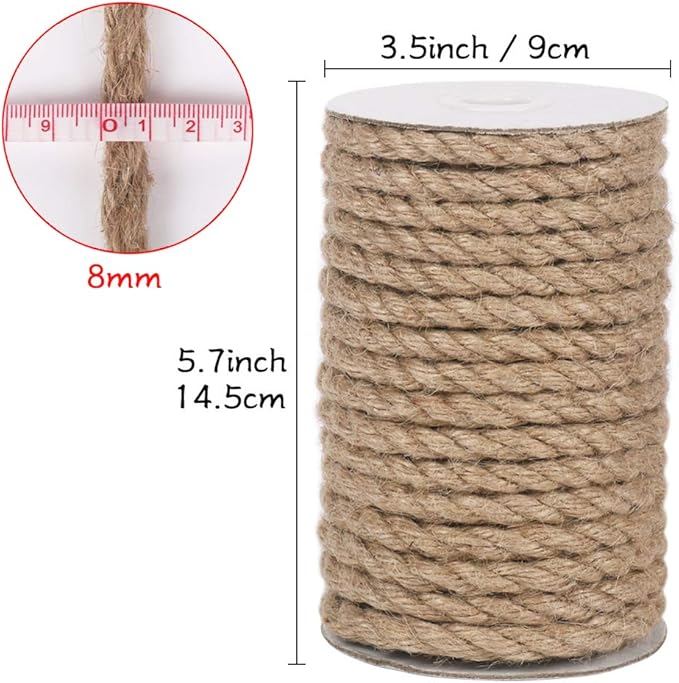 Vivifying Jute Rope, 50 Feet 8mm Natural Heavy Duty Twine for Crafts, Cat Scratch Post, Bundling and Hanging