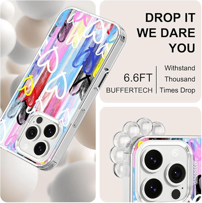 MOSNOVO for iPhone 16 Pro Case, Shockproof Military-Grade Protection 6.6ft Drop Tested, Clear Phone Case for iPhone 16 Pro, Graffiti Hearts Design