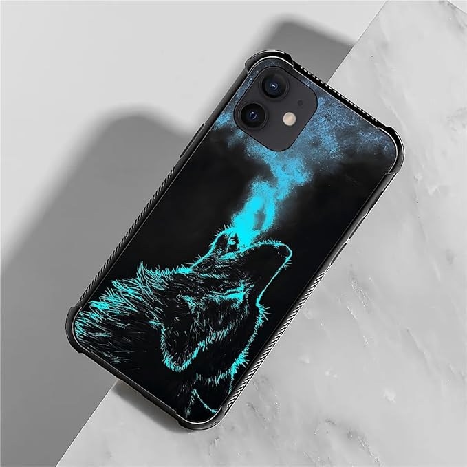 for iPhone 12 Mini Case, Blue Breathing Wolf Pattern Graphic Design Girl Boy Soft Silicone Hard Acrylic Shock Protection for iPhone 12 Mini