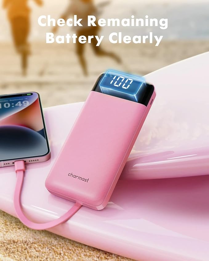 charmast Portable Charger with Built in Cables, Power Bank with Cords Wires, Slim 10000mAh Travel Battery Pack 6 Outputs 3 Inputs 3A Fast Charging for Samsung Google Pixel LG Moto iPhone iPad