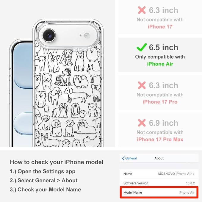 MOSNOVO for iPhone Air Case | Military Grade 6.6ft Drop Tested | Camera Control | Clear with Doodle Dog Design