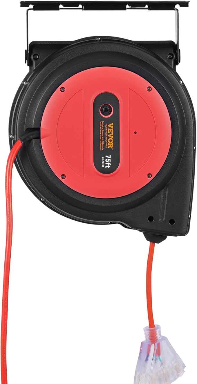 VEVOR 75FT Retractable Extension Cord Reel, 14AWG/3C SJTOW Heavy Duty Power Cord w/Lighted Electrical Triple Tap Outlets, 13A Circuit Breaker,180° Swivel Bracket for Workshop or Garage, Red