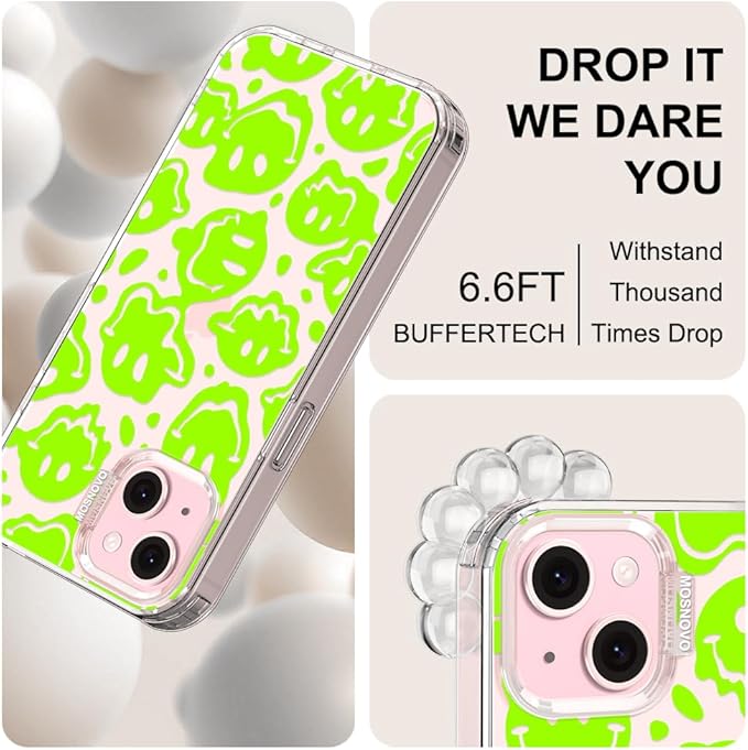 MOSNOVO Case for iPhone 15, [Buffertech 6.6ft Military-Grade Drop Protection] [Anti Peel Off Tech] Clear TPU Bumper Phone Case Cover Design - Distorted Green Smiles Face
