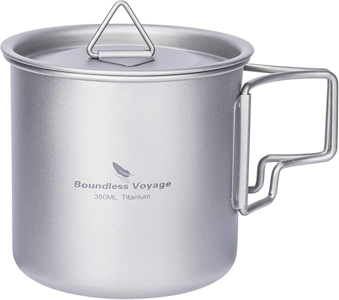 iBasingo 350ml Titanium Cup with Lid Foldable Handle Single-walled Camping Mug Lightweight Portable for Outdoor Drinking Drinkware US-Ti3058D