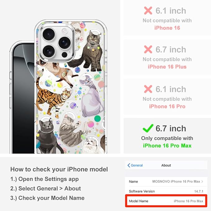 MOSNOVO Case for iPhone 16 Pro Max, [Buffertech 6.6ft Military-Grade Drop Protection] [Anti Peel Off Tech] Clear TPU Bumper Phone Case Cover Design - Space Cat
