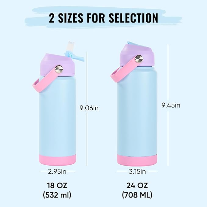 Fijinhom 18oz Insulated Stainless Steel Water Bottle, Wide Mouth Double Wall Vacuum, Silicone Straw, Sweat & Leak Proof, BPA Free Insulated Water Flask for Travel, Keep Cold 24h Hot 12h, Light Purple