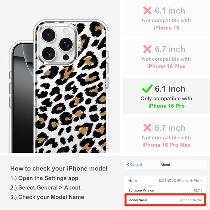 MOSNOVO Case for iPhone 16 Pro, [Buffertech 6.6ft Military-Grade Drop Protection] [Anti Peel Off Tech] Clear TPU Bumper Phone Case Cover Design - Leopard Print