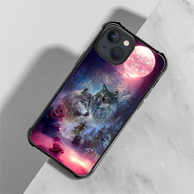 for iPhone 15 Case, Star Two Wolfs Howling Pattern Graphic Design Girl Boy Soft Silicone Hard Acrylic Shock Protection for iPhone 15