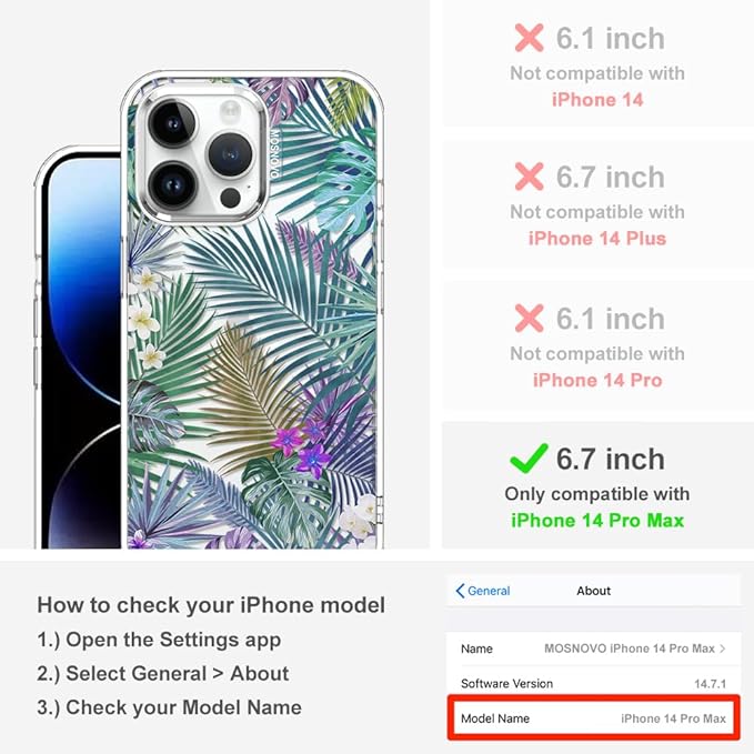 MOSNOVO Case for iPhone 14 Pro Max, [Buffertech 6.6ft Military-Grade Drop Protection] [Anti Peel Off Tech] Clear TPU Bumper Phone Case Cover Design - Tropical Rainforests