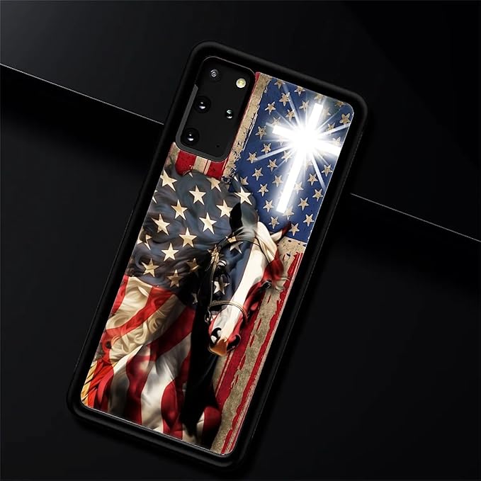 for Samsung Galaxy S20 Plus Case, Red American Flag Horse Cross Pattern Graphic Design Girl Boy Soft Silicone Hard Acrylic Shock Protection for Samsung Galaxy S20 Plus