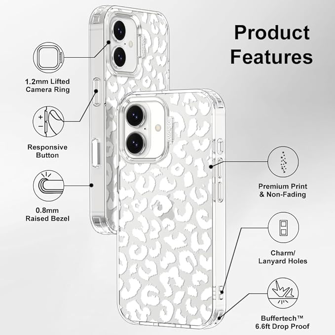 MOSNOVO for iPhone 17 Case | Military Grade 6.6ft Drop Tested | Camera Control | Clear with White Leopard Print Design