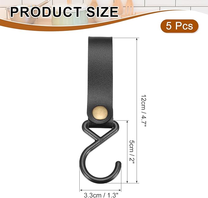uxcell 5pcs PU Leather Hooks, S-Shape Hooks for Outdoor Camping Hanging Pots Pans Utensils Black