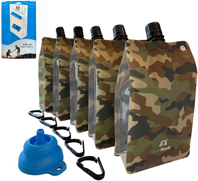 BellFlask - 15 oz. Plastic Flask, Patented, Flexible, Metal-Free, Reusuable, BPA-Free with Carabiner Clip and Filling Funnel