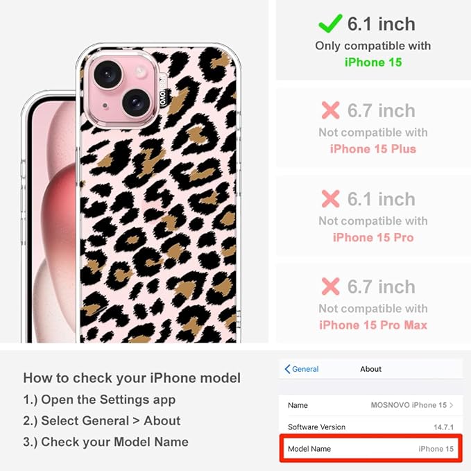 MOSNOVO Case for iPhone 15, [Buffertech 6.6ft Military-Grade Drop Protection] [Anti Peel Off Tech] Clear TPU Bumper Phone Case Cover Design - Leopard Print