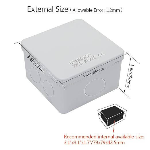 LeMotech Junction Box, Electrical Box IP55 Water Resistant Dustproof ABS Plastic Project Enclosure for Electronics White, External Size 3.4 x 3.4 x 2 inch