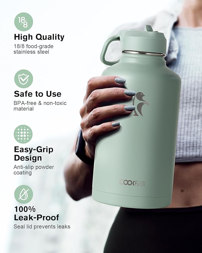 Coolflask Half Gallon Water Bottle Insulated with Straw & 3 Lids, 64 oz Water Jug Large Metal Stainless Steel Wide Mouth for Sports, Gym or Office, Non-BPA Keep Cold 48H Hot 24H, Grey Green